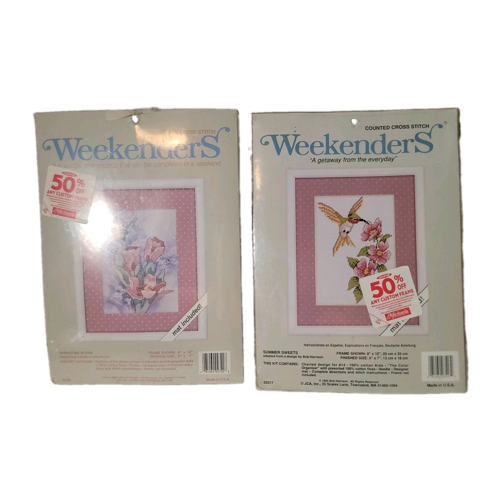 JCA Weekenders Cross Stitch Kits Lot 2 Hummingbird Tulips Floral Mat Cottagecore